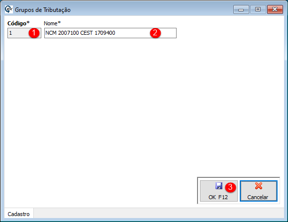 Cadastro de Grupos de Tributação.