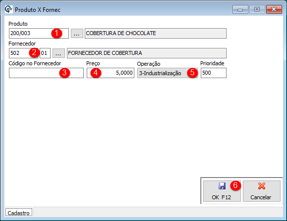 Cadastro de Produto x Fornecedor.